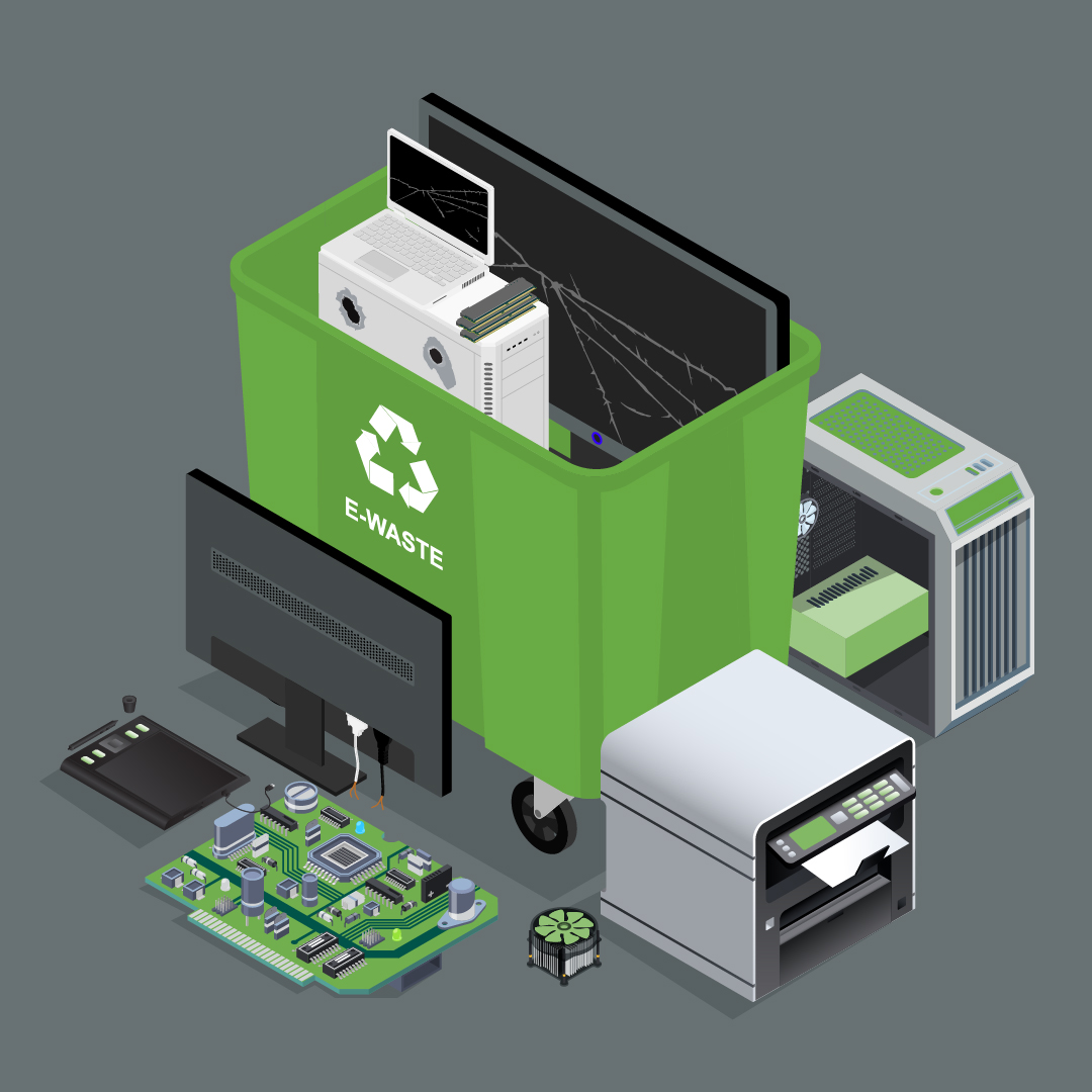 Isometric image of dangerous e-waste-materials.
