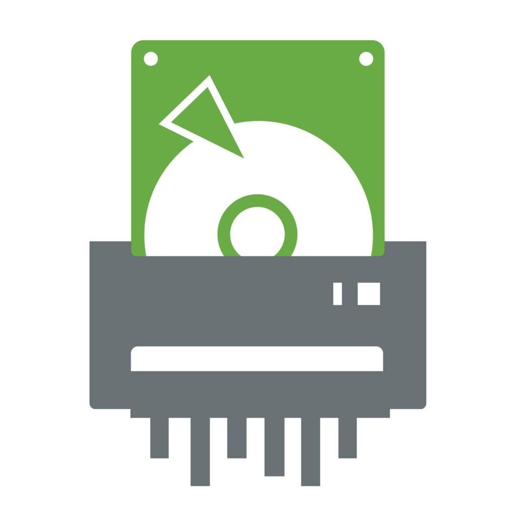 Icon image of a hard drive going into a shredder.