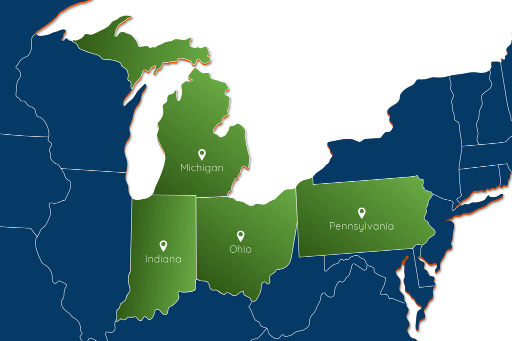 Small map of Ohio, Michigan, Indiana, and Pennsylvania