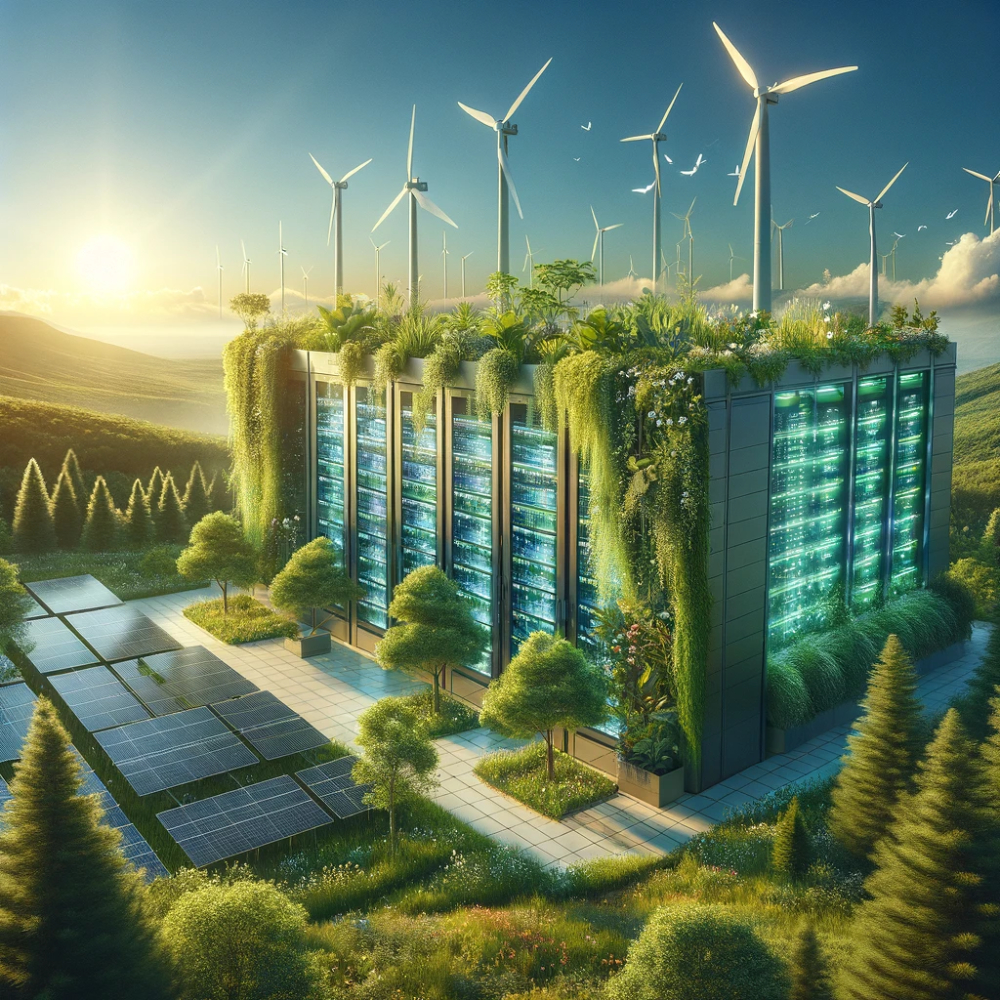 Illustration of a data center with wind turbines and green overgrowth.