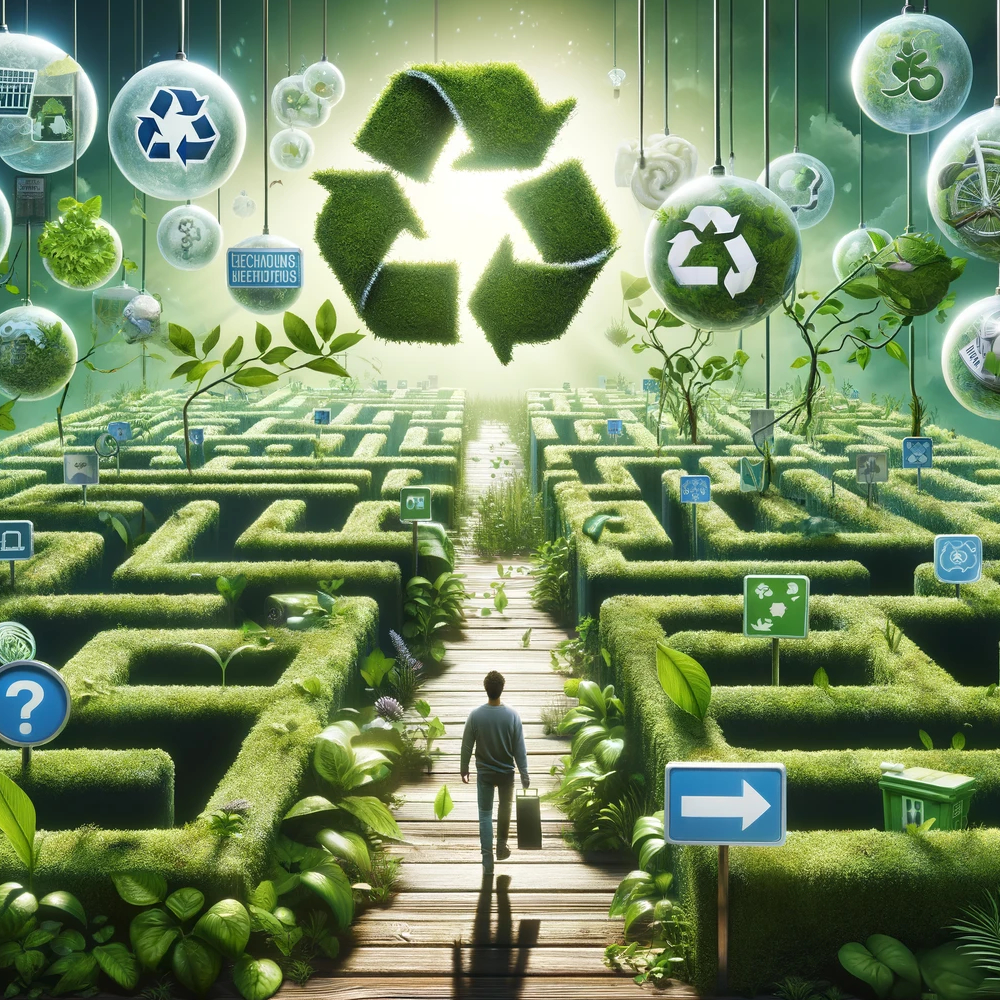An illustration of a man walking through a shrub maze with recycling bubbles overhead.