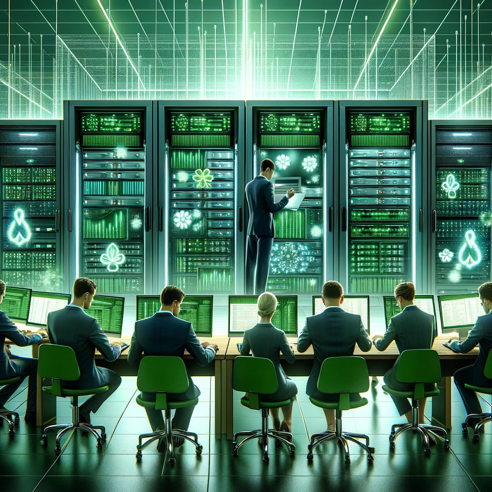 Illustration of servers and a conference table with employees doing data security
