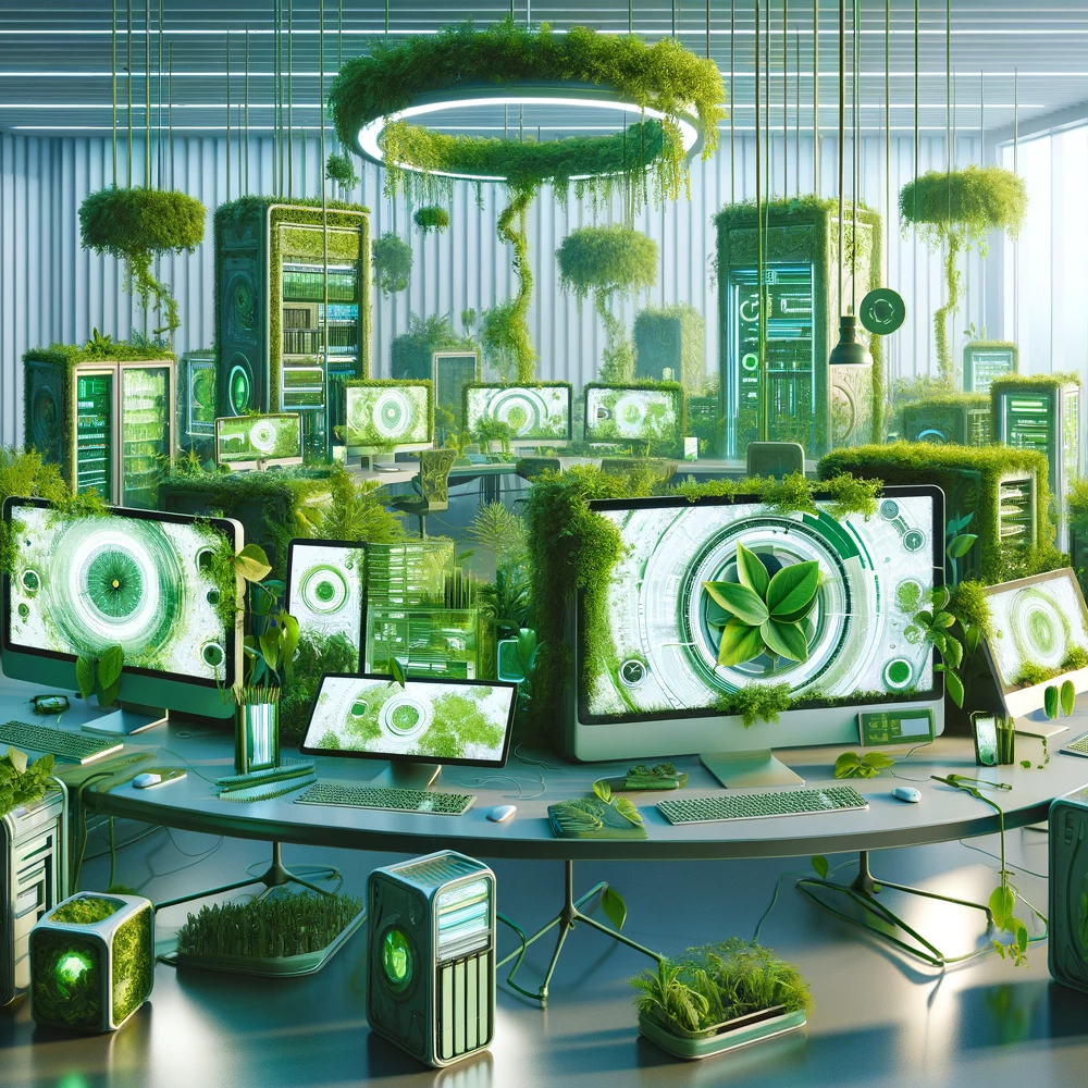 Image of electronics that are made out of plants on a conference table.