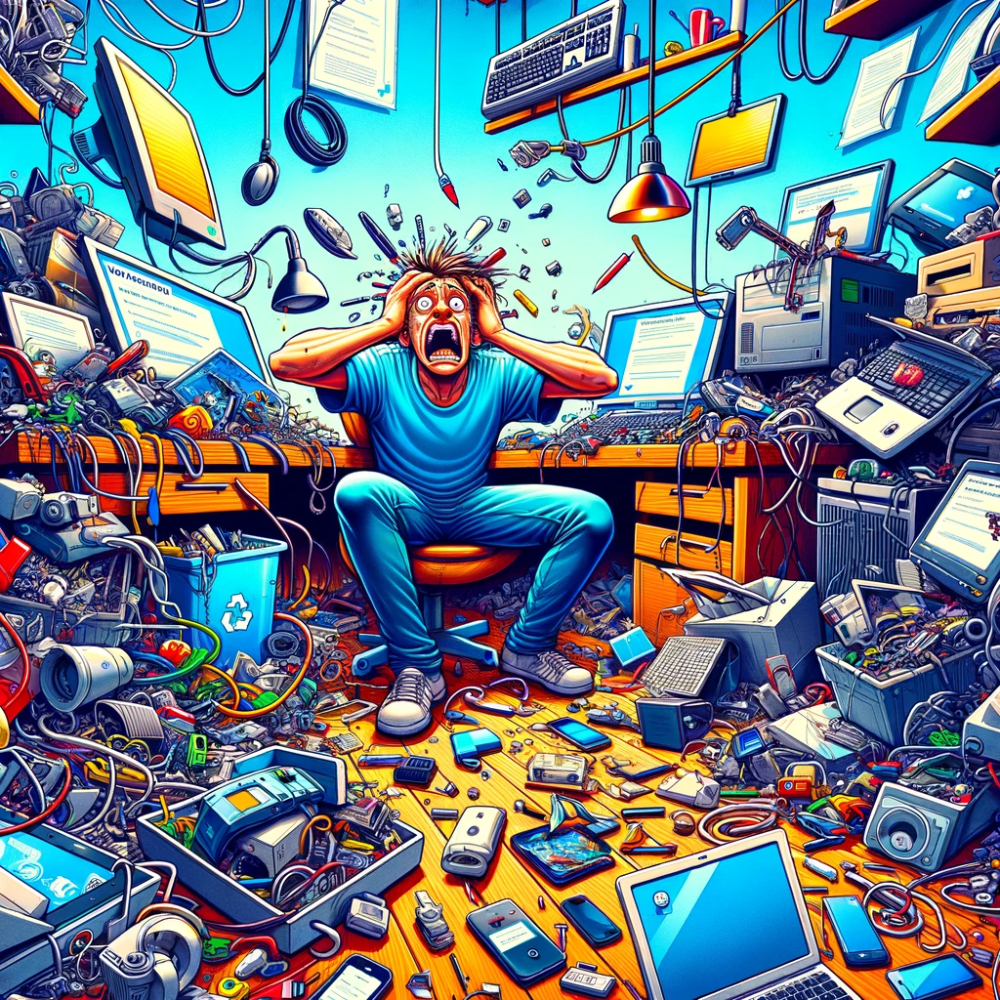 Illustration of a guy sitting at a computer desk being overwhelmed by all the broken electronics